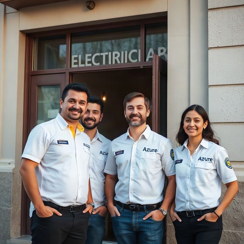 Equipo de cuatro electricistas certificados de Youngenergy frente a un edificio en Rivera