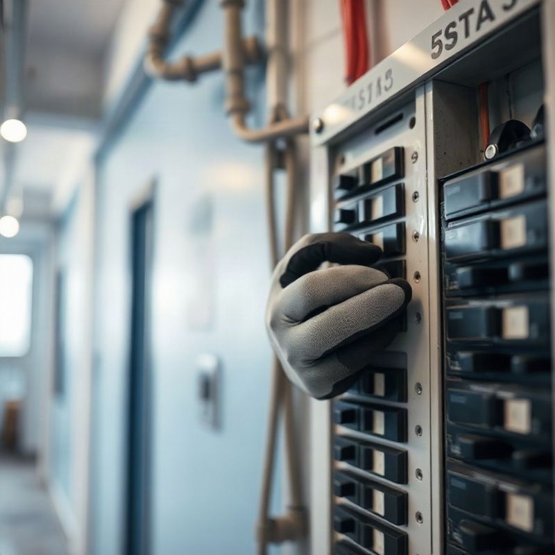Manos de un electricista trabajando en un tablero de disyuntores moderno en Rivera