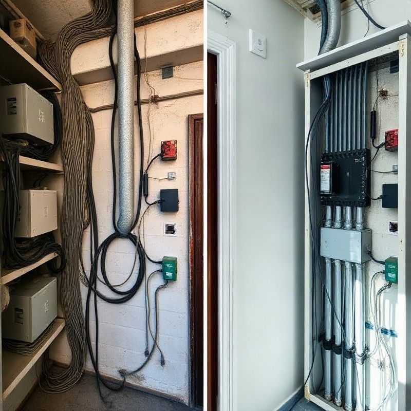 Antes y después: cableado antiguo desordenado a la izquierda y tablero moderno con cables organizados a la derecha
